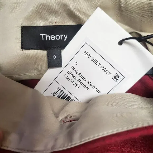 NWT Theory Red Pink Ruby Melange Sleek Flannel Wide Leg Belted Pants Size 0